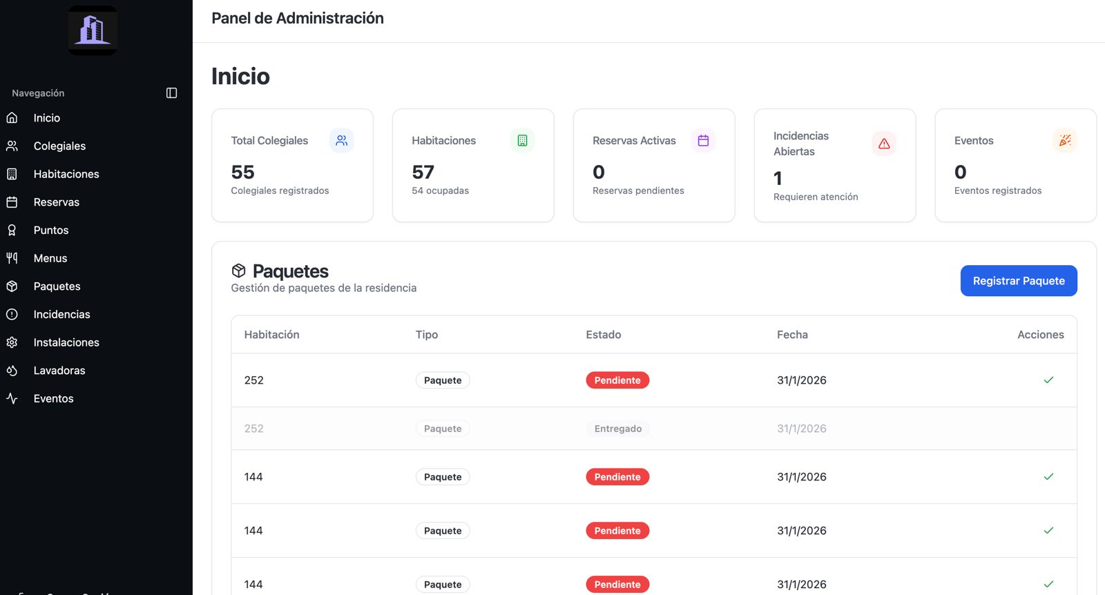 Panel de administración Yubi